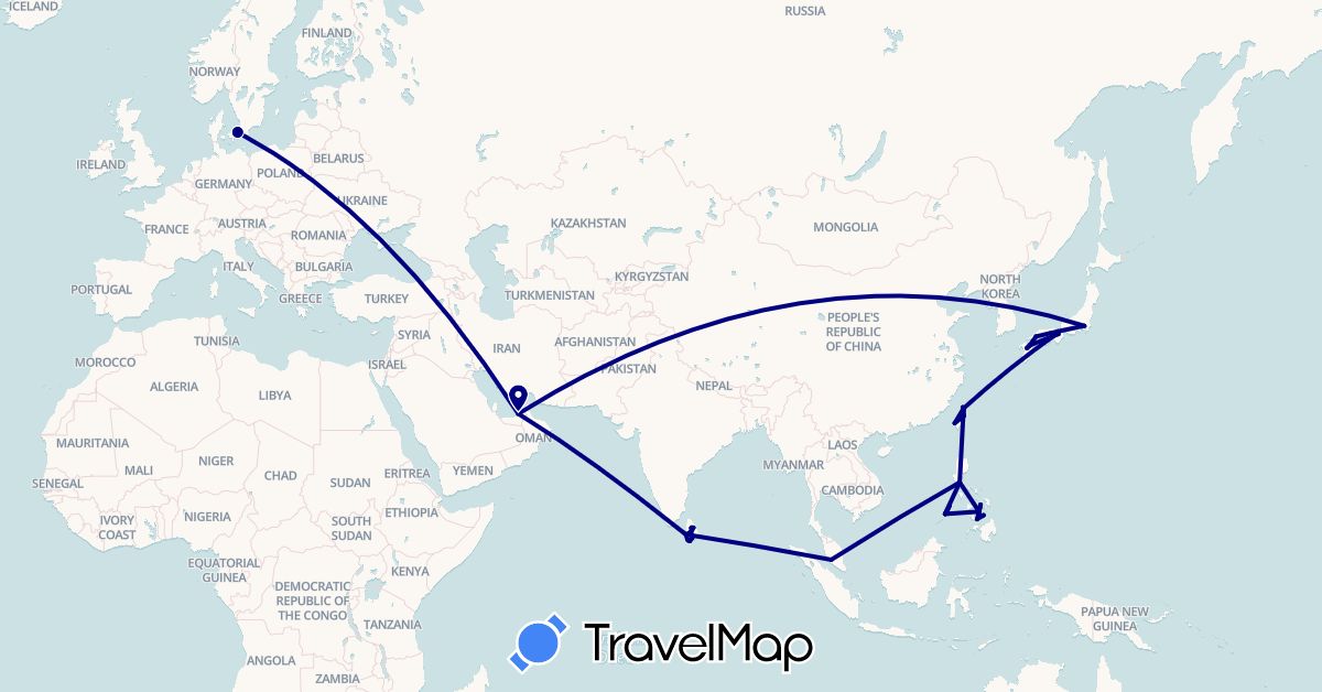 TravelMap itinerary: driving in United Arab Emirates, Denmark, Japan, Sri Lanka, Malaysia, Philippines, Taiwan (Asia, Europe)